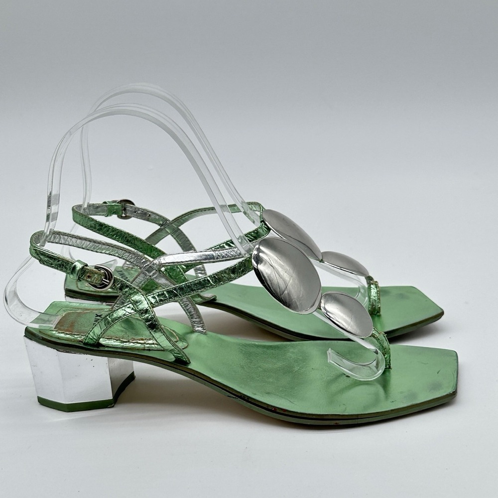 Y2K BRONX Heels Metallic Green Silvertone Jeweltone Euro Mirror Heel US 5.5-6 - Picture 4 of 11